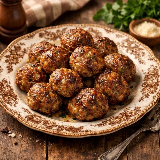 perfectly cooked meatballs on a serving plate