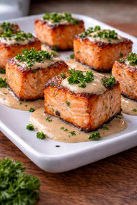 Sweet Maple Salmon Bites With Creamy Dijon Drizzle - Heartstone Farm