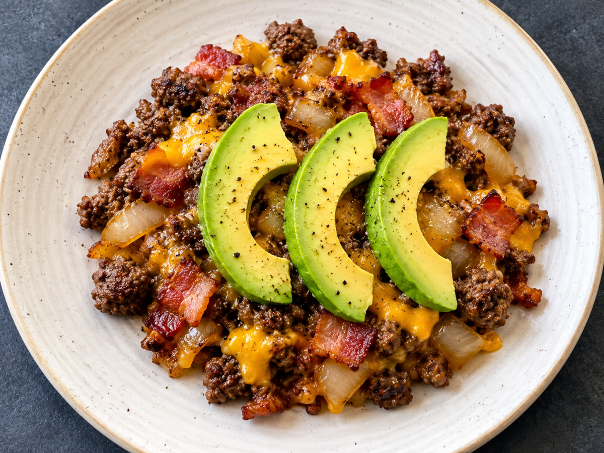 Bacon Cheeseburger Skillet with Avocado - Heartstone Farm