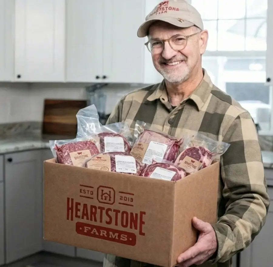 farmer dan holding heartstone meat box portrait