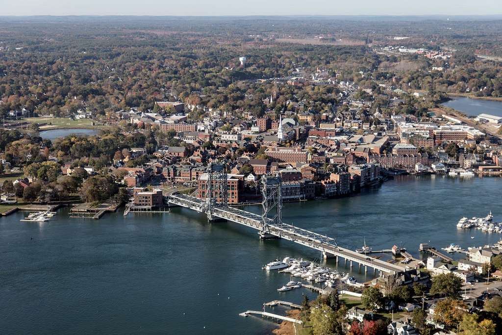 aerial view of portsmouth new hampshire town and bridge
