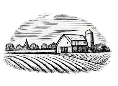 black and white illustration of small farm