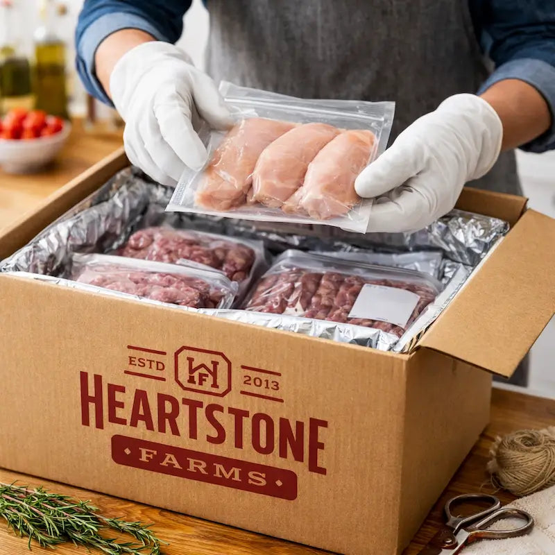 hands unpacking heartstone meat box