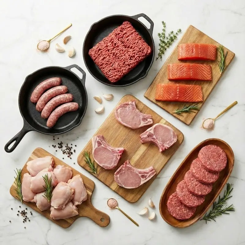various meat cuts overview shot
